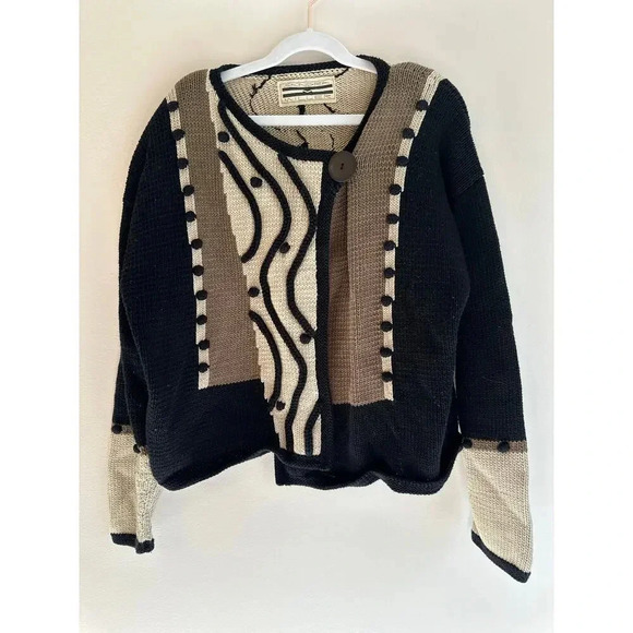 Vintage Sandra Miller Handloomed Artwear Deco Cardigan Grandmacore OS Black Tan - Picture 1 of 5